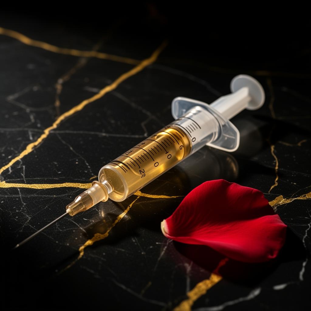 Gold syringe resting on black marble
